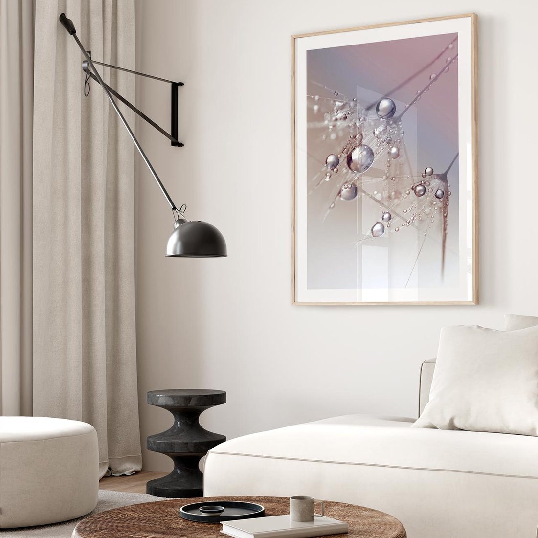 Plakat w ramie 50x70 - Delikatne Natchnienie - krople, dmuchawce - rama drewno