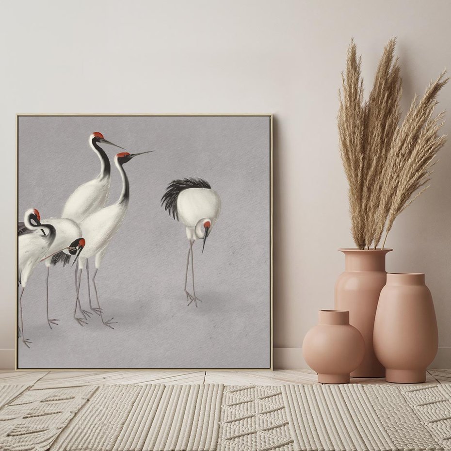 Obraz w ramie 50x50 - Spojrzenie wstecz w pędzlu - szkic rysunek, japońskie żurawie - rama drewno