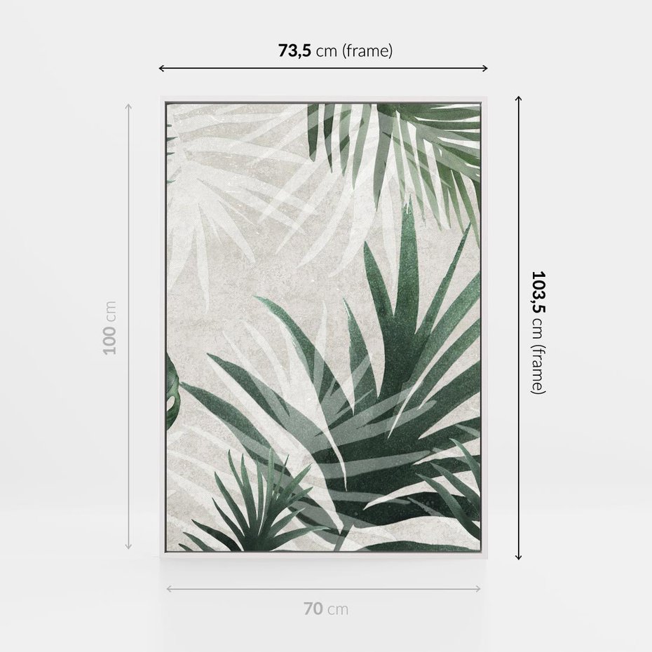 Obraz w ramie 70x100 - Tropikalne Akwarele - tropikalne liście, akwarela - rama biała