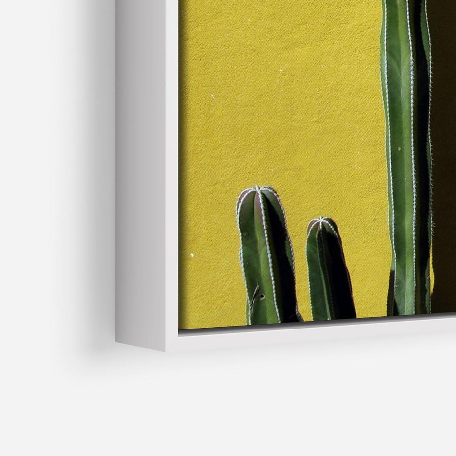 Obraz w ramie 100x70 - Refleksje w roślinnym odbiciu - zielone kaktusy na tle żółtej ściany, soczyste kolory - rama biała