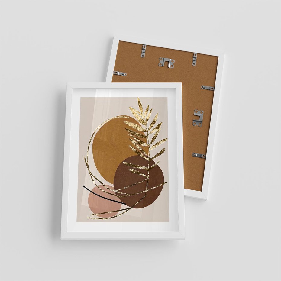 Plakat w ramie 30x40 - Taniec Przenikających Odbić - abstrakcyjny obraz, złote liście palmy - rama biała