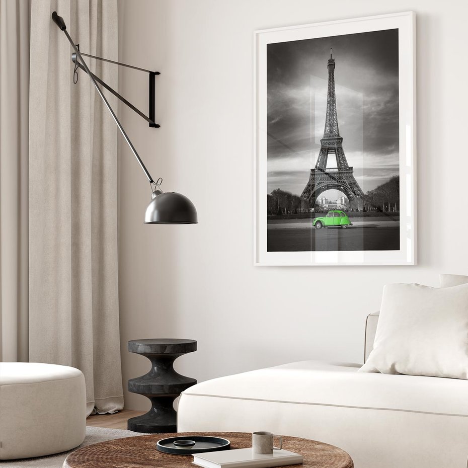 Plakat bez ramy 21x30 - Paryskie Romantyczne Spotkanie - Eiffla, samochód