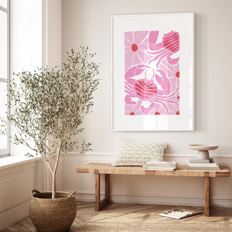 Plakat bez ramy 50x70 - Roztańczone Kraby - różowe kwiaty i kraby, abstrakcyjna kompozycja