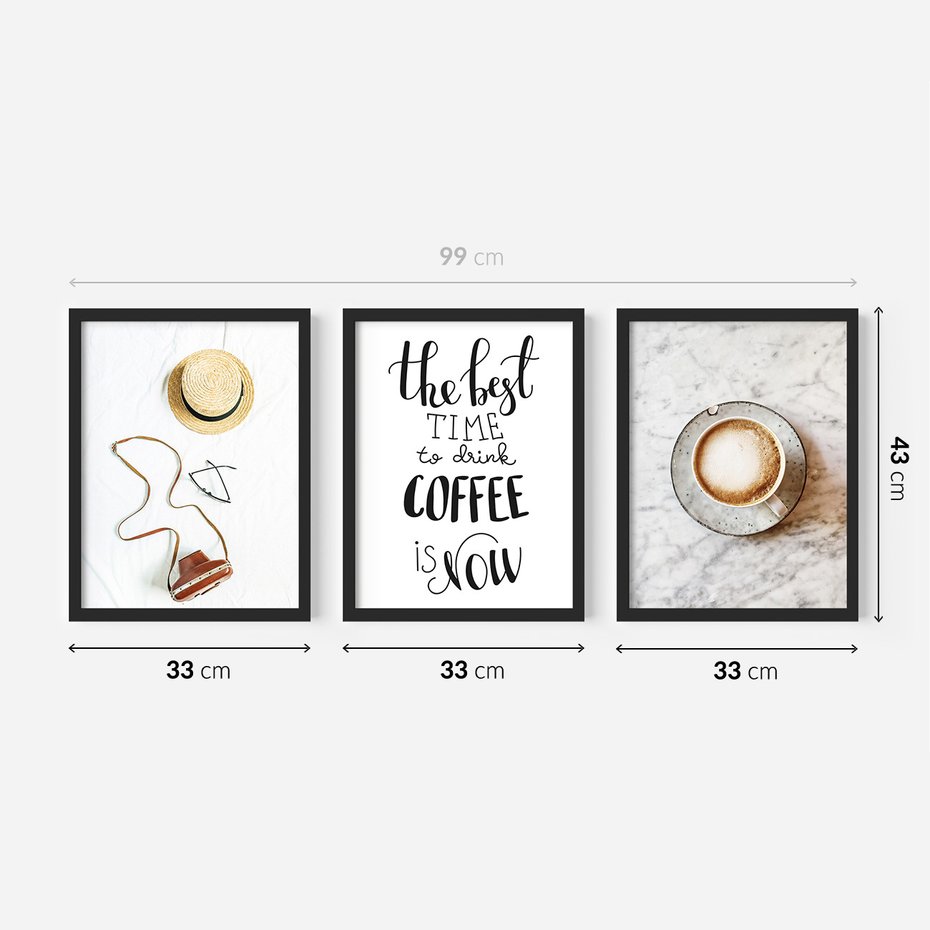 Zestaw obrazy w ramie 30x40 galeria - Kawa, podróż, kapelusz, boho - rama czarna
