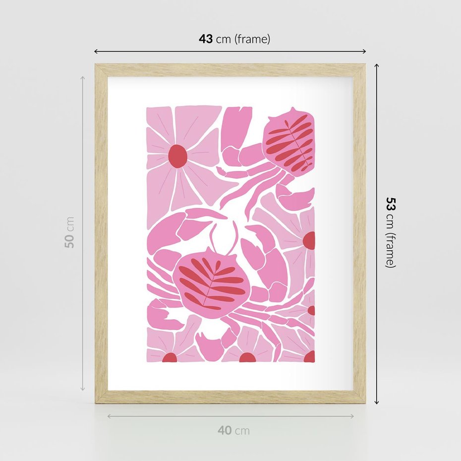 Plakat w ramie 40x50 - Roztańczone Kraby - różowe kwiaty i kraby, abstrakcyjna kompozycja - rama drewno