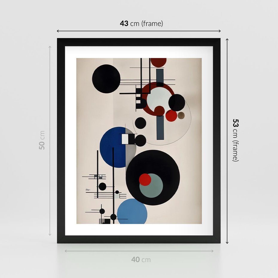 Plakat w ramie 40x50 - Rozkwitające Wibracje Wyobraźni - abstrakcyjna geometryczna kompozycja, koła linie - rama czarna