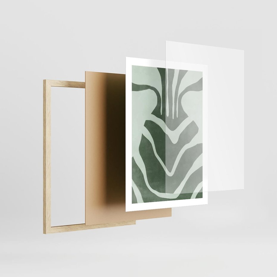 Plakat w ramie 50x70 - Zieleń Odpoczynku - zielony plakat, nieregularne splątane linie - rama drewno