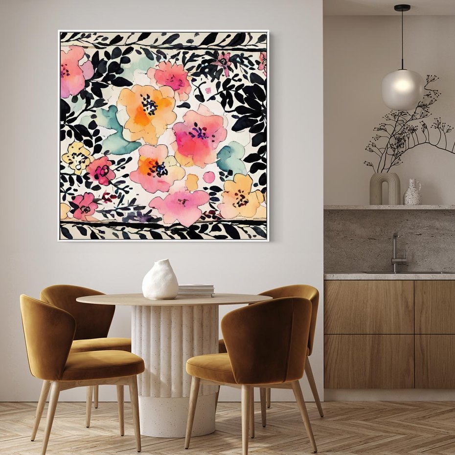 Obraz w ramie 50x50 - Opowieść w kroplach farb - akwarelowe kwiaty, mocna ornamentowa czarna ramka namalowana dookoła obrazu - rama biała