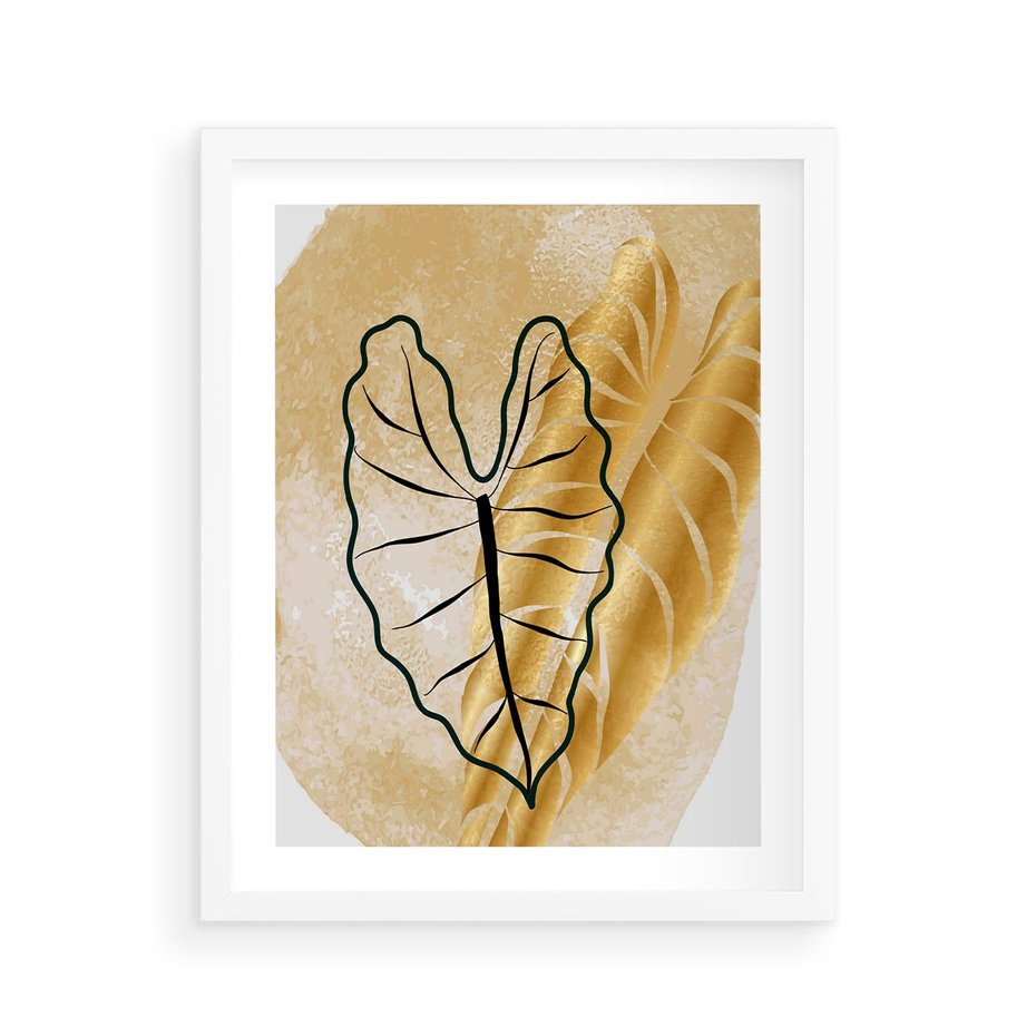 Plakat w ramie 40x50 - Monstera w Złocie - złote liście monstery, grafika - rama biała