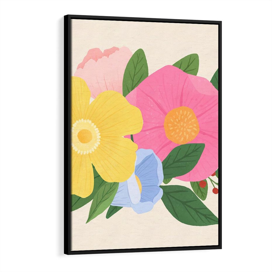 Obraz w ramie 70x100 - Kwiatowy Uśmiech - kwiaty, akwarela - rama czarna