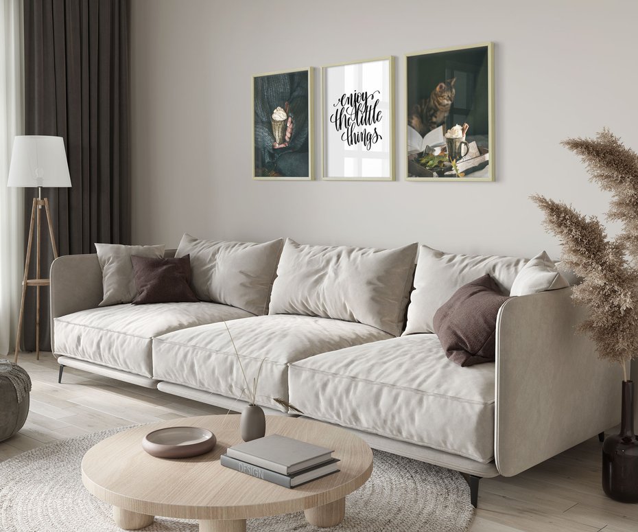 Zestaw obrazy w ramie 50x70 galeria - Optymistyczny, napis, cytat, kawa - rama drewno