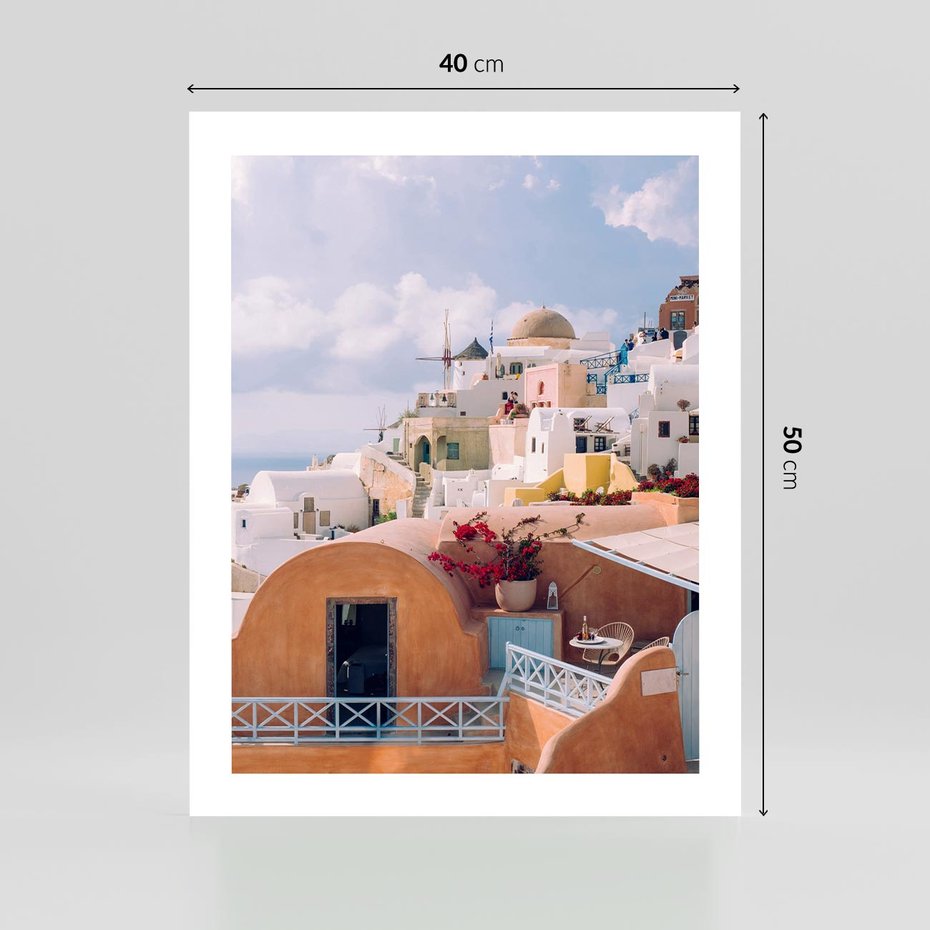 Plakat bez ramy 40x50 - Błękit Morza i Białe Domki - Santorini, wyspa