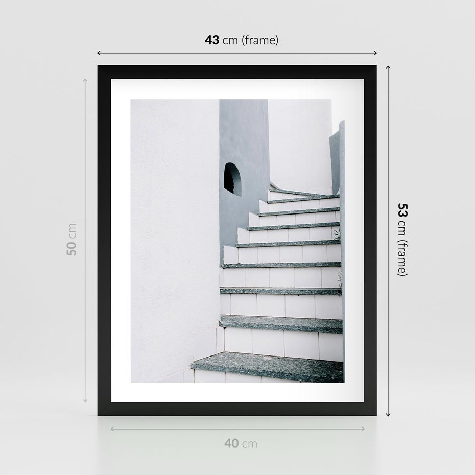 Plakat w ramie 40x50 - Schody ku Urokowi Wyspy - schody, santorini - rama czarna