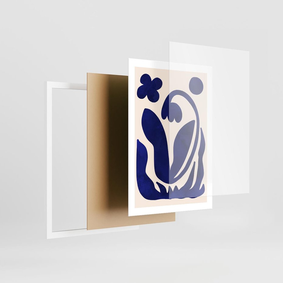 Plakat w ramie 50x70 - Bezgraniczne Echa Serca - abstrakcyjny obraz plakat, dziwne niebieskie kształty przypominają kwiat - rama biała