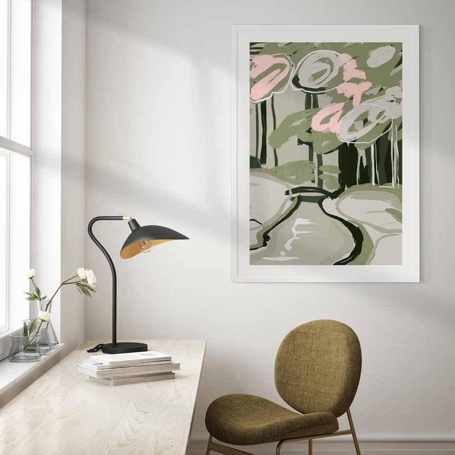 Plakat w ramie 30x40 - Leśny Zakątek - pastelowy krajobraz, nowoczesny plakat - rama biała