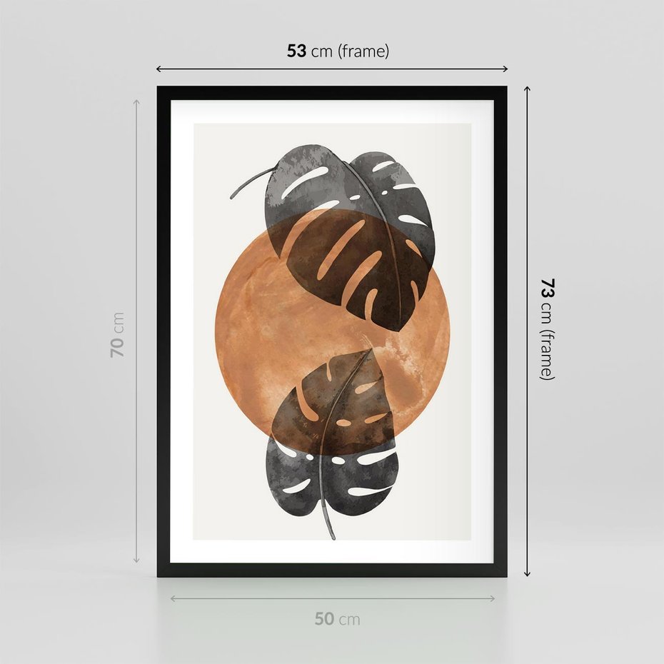 Plakat w ramie 50x70 - Elegancja w Detalach: Miedziane Koło z Monsterą - grafika, miedziane koło - rama czarna