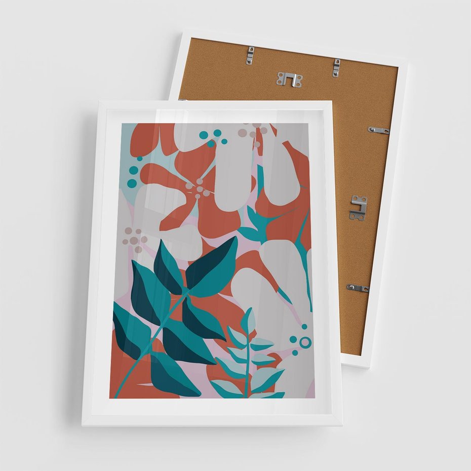 Plakat w ramie 50x70 - Harmonijne Formy - abstrakcyjna kompozycja kwiatowych form, kolor zgaszone - rama biała