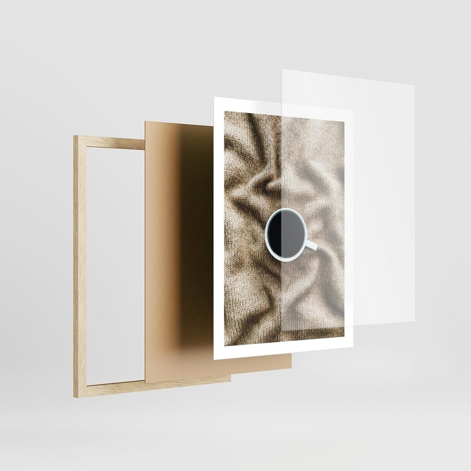 Plakat w ramie 50x70 - Filiżanka Kawy na Brązowym Kocu - kawa, czarna kawa - rama drewno