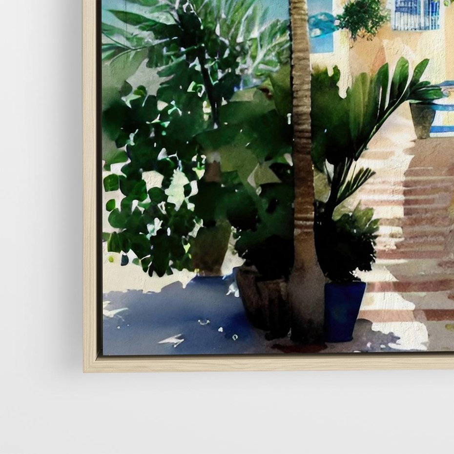 Obraz w ramie 50x50 - Spokój Miasta nad Morzem - akwarela, sródziemnomorski klimat - rama drewno