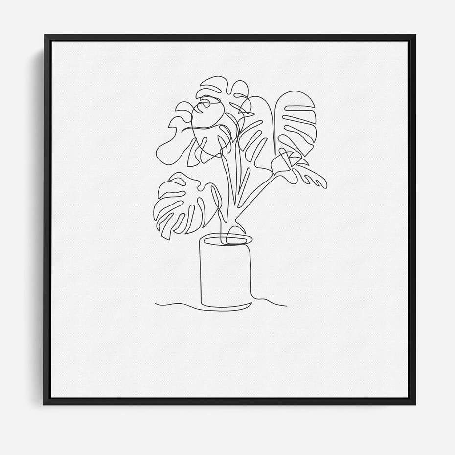 Obraz w ramie 50x50 - Tajemnicza Harmonia - sztuka one line, monstera - rama czarna