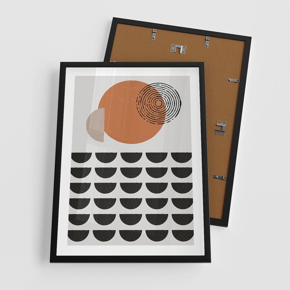 Plakat w ramie 50x70 - Geometryczna Ekspresja - geometryczny graficzny obraz, pomarańczowe koło - rama czarna