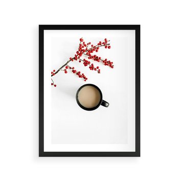 Plakat w ramie 40x50 - Filiżanka Kawy z Gałązką Jarzębiny - kawa, gałązka jarzębiny - rama czarna
