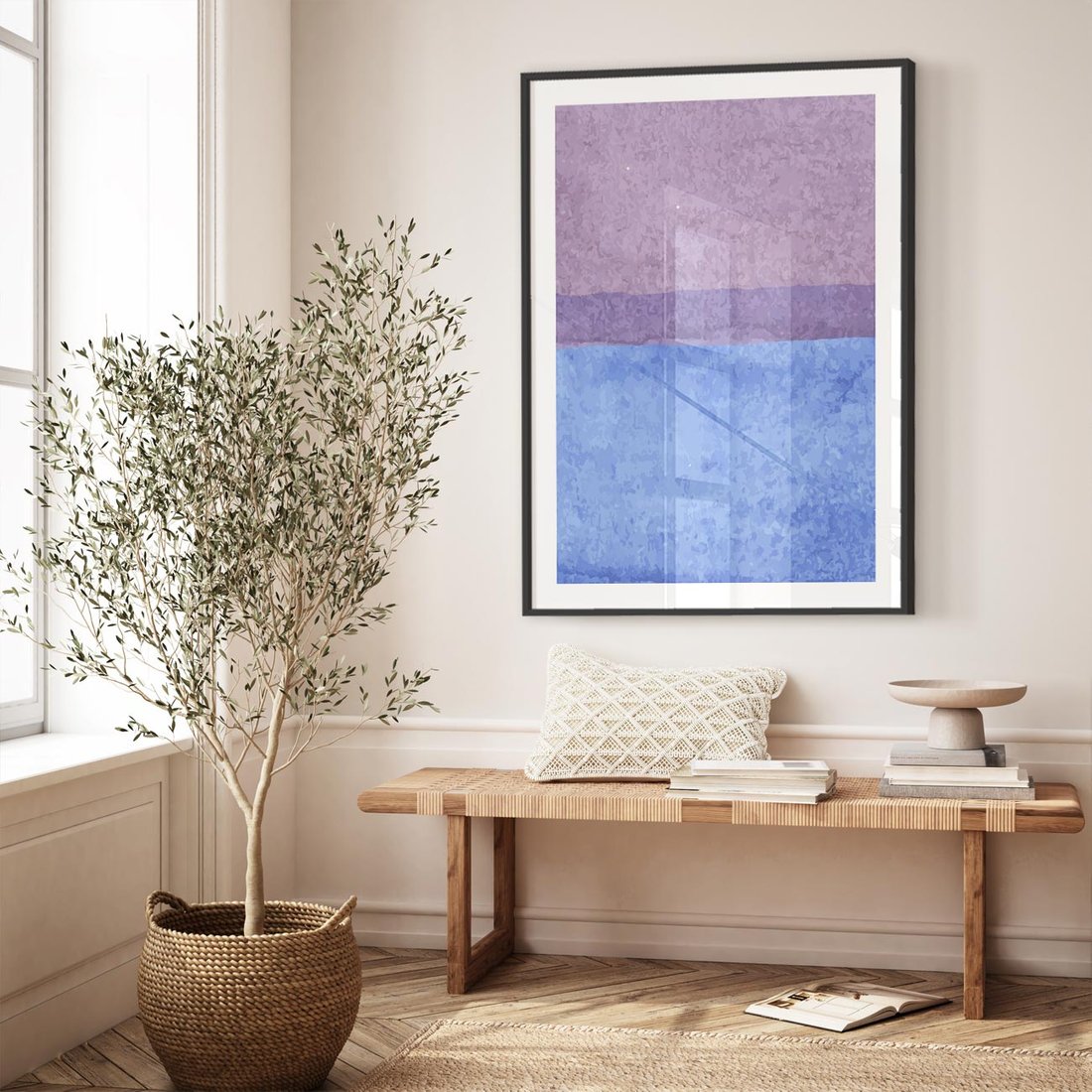 Plakat w ramie 40x50 - Taniec Światła - kolorowe akwarelowe pasy, odcienie fiolet - rama czarna