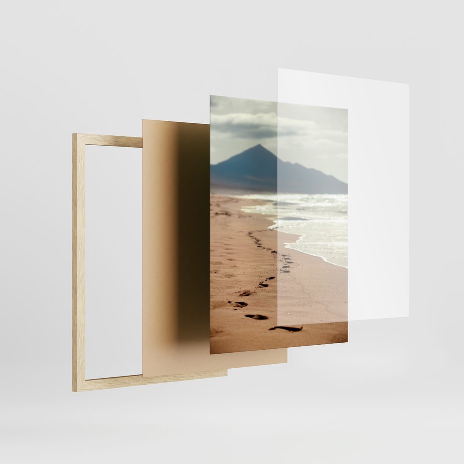 Zestaw obrazy w ramie 50x70 galeria - Plaża, zachód, słońca, ślady - rama drewno