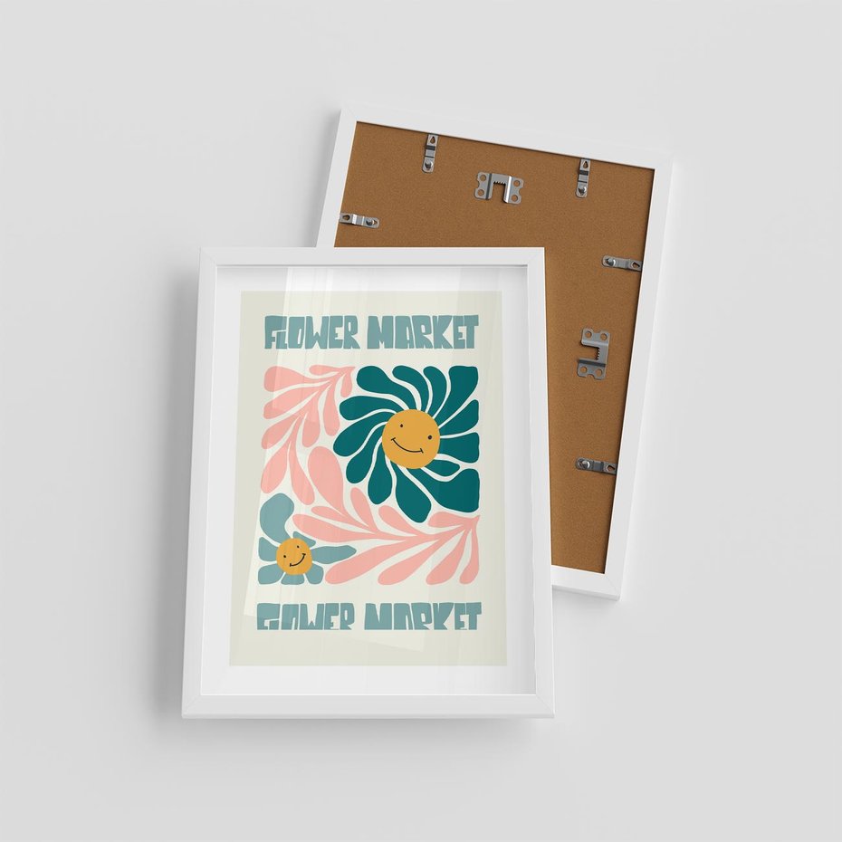 Plakat w ramie 30x40 - Harmonia płatków kwiatów - kwiatowa retro kompozycja, pastelowe kolory - rama biała