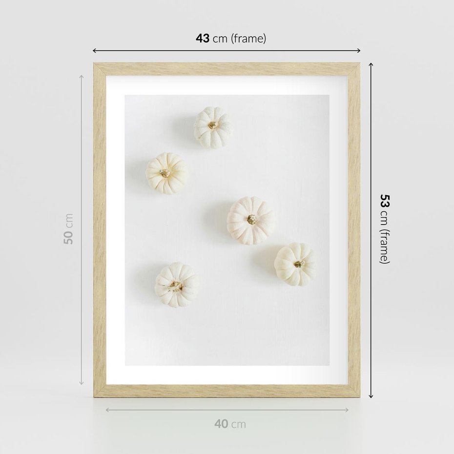 Plakat w ramie 40x50 - Biała Jesień: Dynie na Jasnym Tle - białe dynie, białe tło - rama drewno