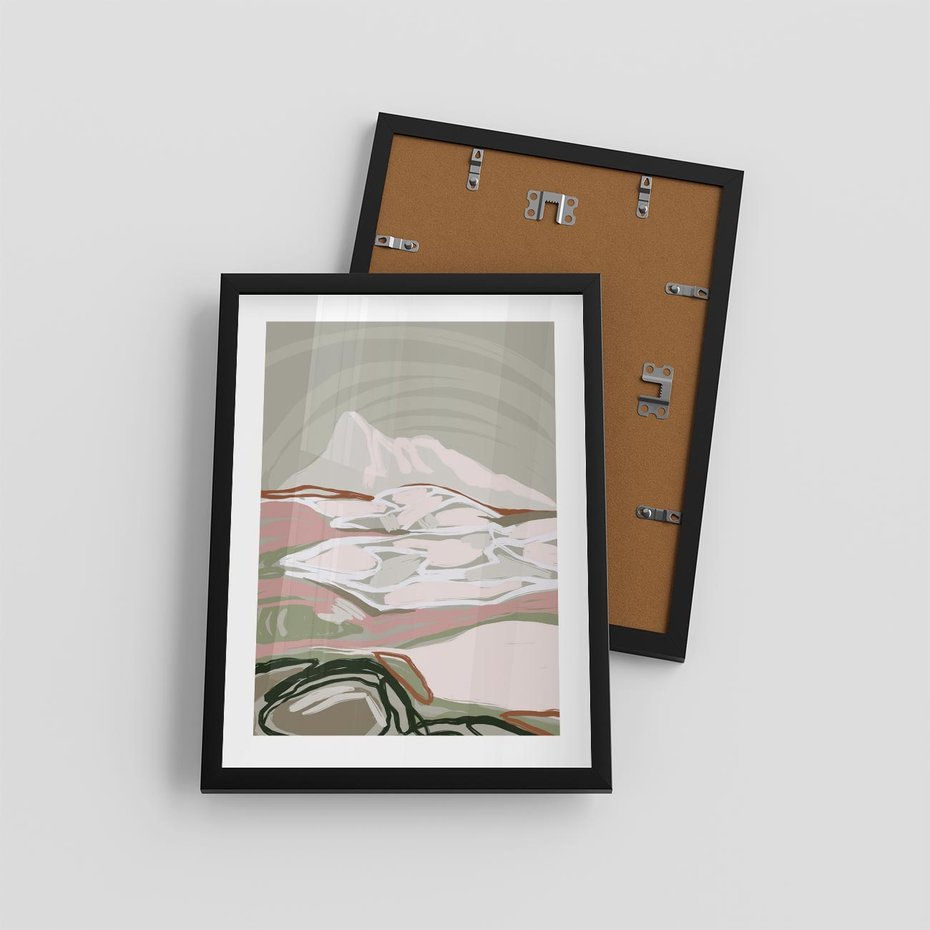 Plakat w ramie 30x40 - Szarawe Wzgórza - pastelowy krajobraz, nowoczesny plakat - rama czarna