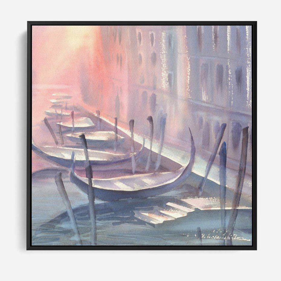 Obraz w ramie 50x50 - Romantyczne Zachody - akwarelowy rysunek, stonowane pastelowe kolory - rama czarna