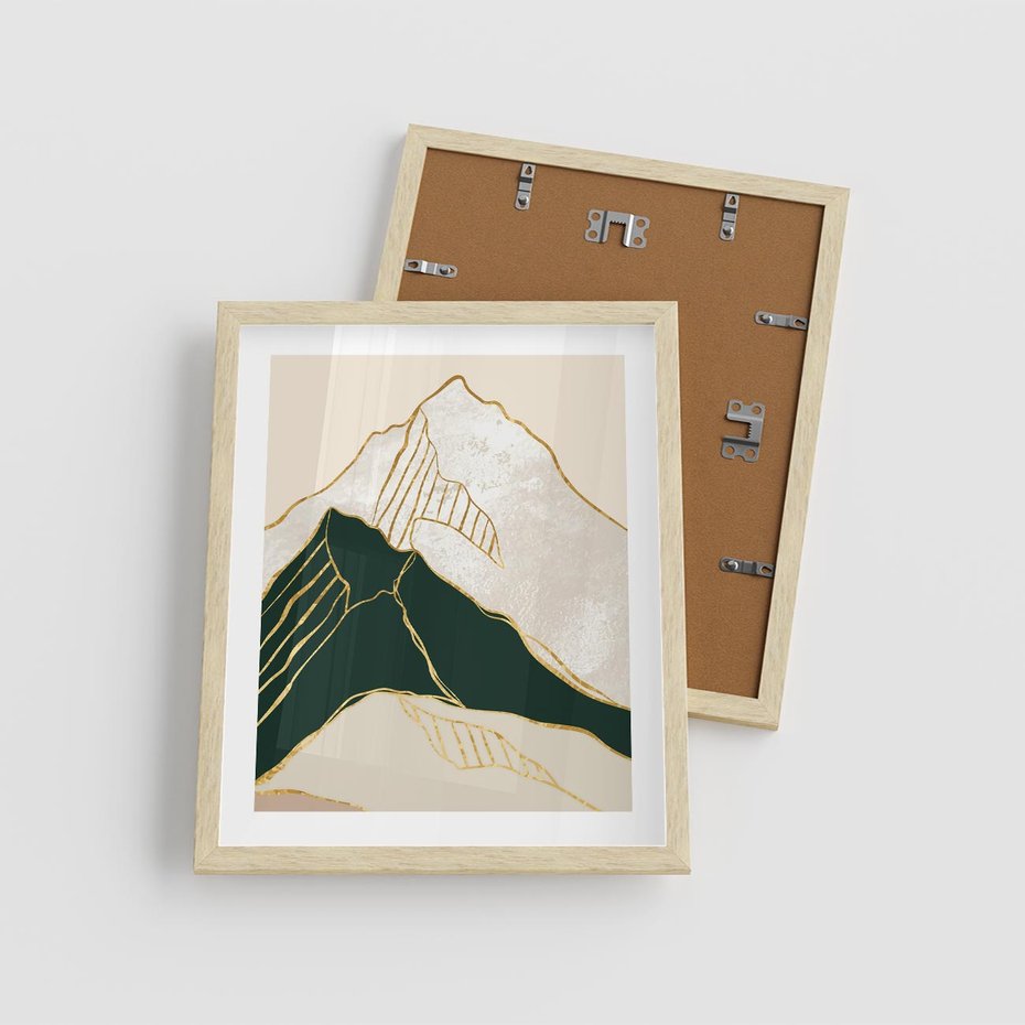 Plakat w ramie 40x50 - Minimalistyczne Góry: Złota Sztuka Natury - minimalistyczna grafika, góry - rama drewno