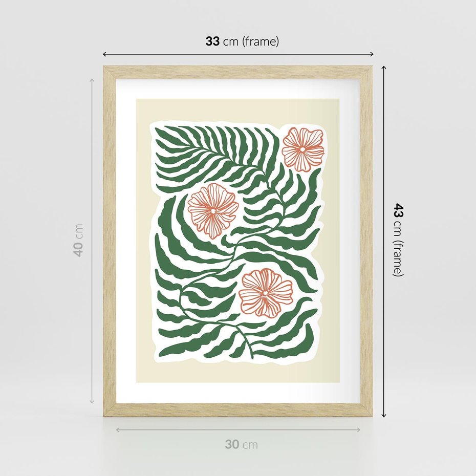 Plakat w ramie 30x40 - Migocące Wzory - abstrakcyjna kompozycja, paprocie - rama drewno