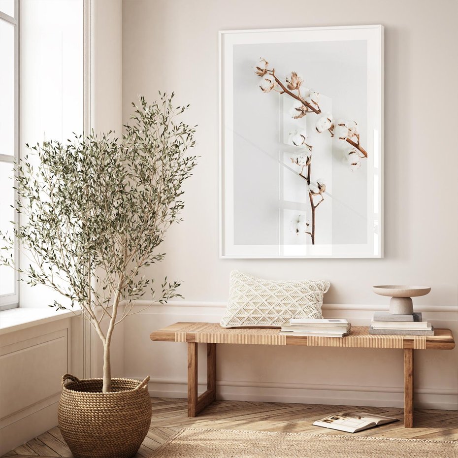 Plakat bez ramy 21x30 - Gałęzie Bawełny na Białym Tle - gałęzie bawełny na białym tle, minimalizm