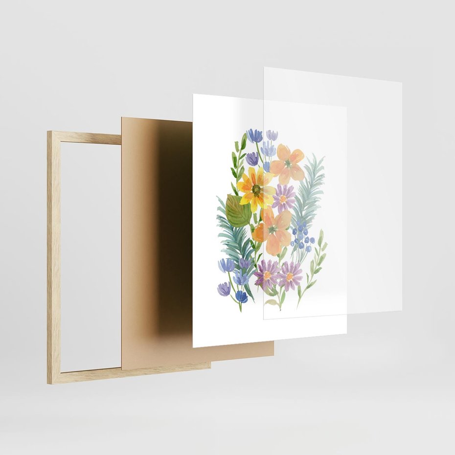 Plakat w ramie 40x50 - Migocące Widoki Kwiatów - akwarelowe polne kwiaty, minimalistyczny plakat - rama drewno