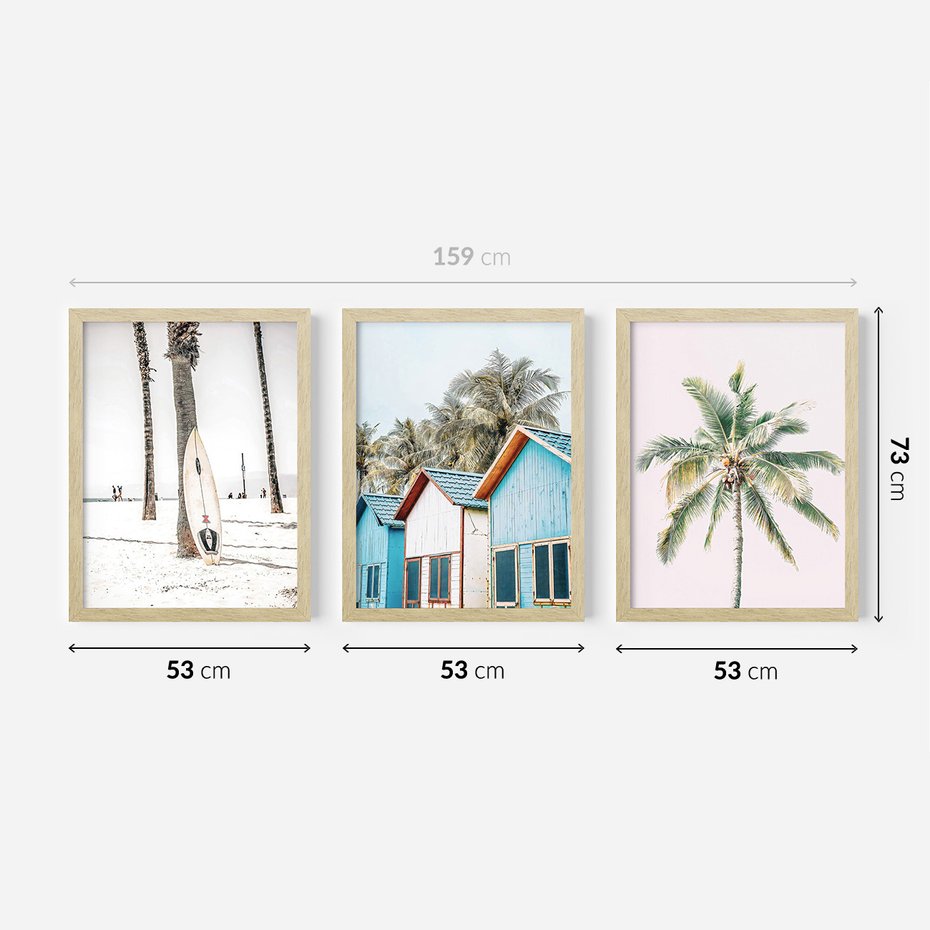 Zestaw obrazy w ramie 50x70 galeria - Lato, palmy, plaża, wakacje - rama drewno
