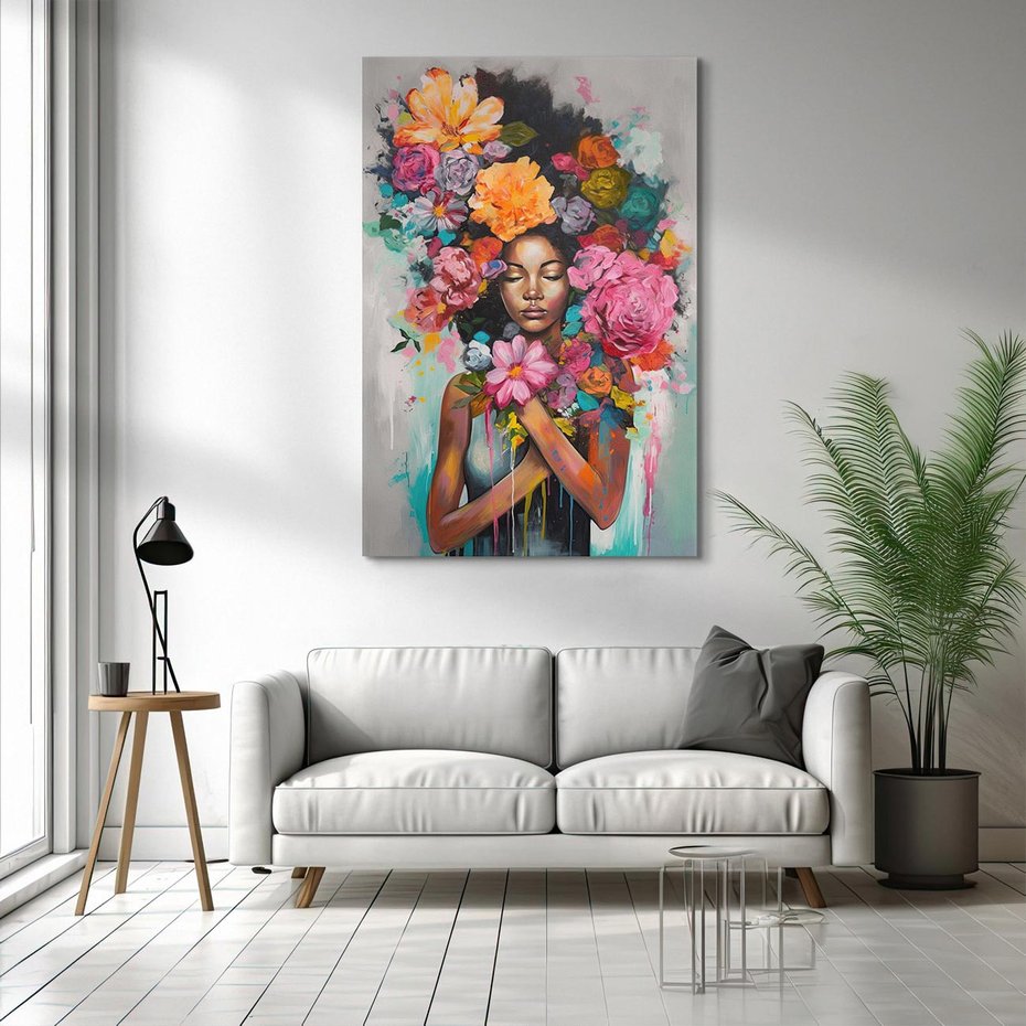 Obraz na płótnie 50x70 - Z Głową w Kwiatach - obraz olejny, sztuka nowoczesna