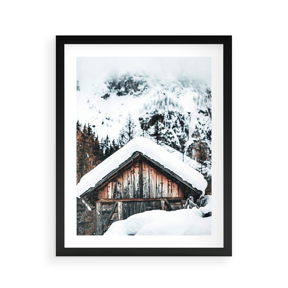 Plakat w ramie 40x50 - Domek w Górach w Białym Odcieniu - zima, domek w górach - rama czarna