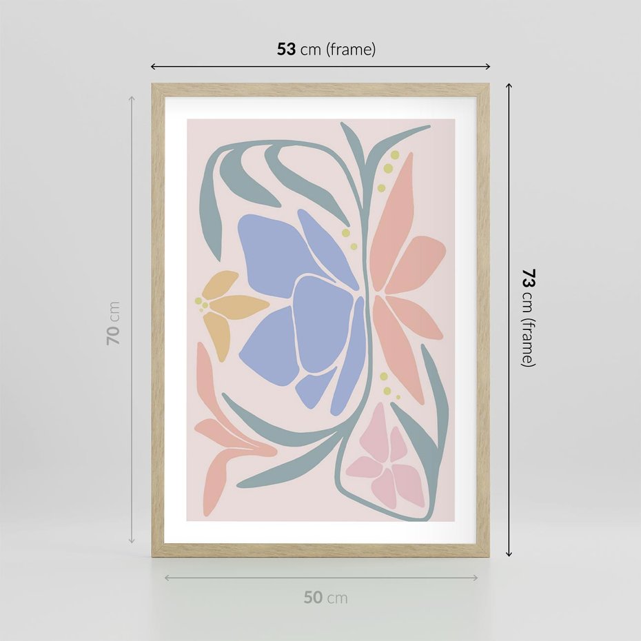 Plakat w ramie 50x70 - Pastele Kwiatowych Plam - pastelowe kwiaty, na beżowym tle - rama drewno