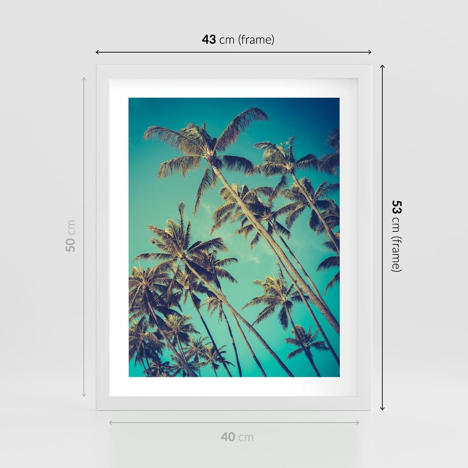 Plakat w ramie 40x50 - Tropikalne palmy w krainie słonecznych wakacji - palmy, tropiki - rama biała