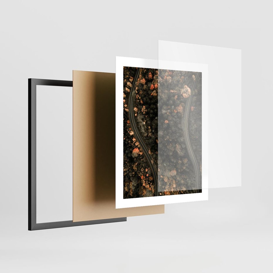 Plakat w ramie 40x50 - Las i Droga w Kolorach Jesieni - droga, ujęcie z góry - rama czarna