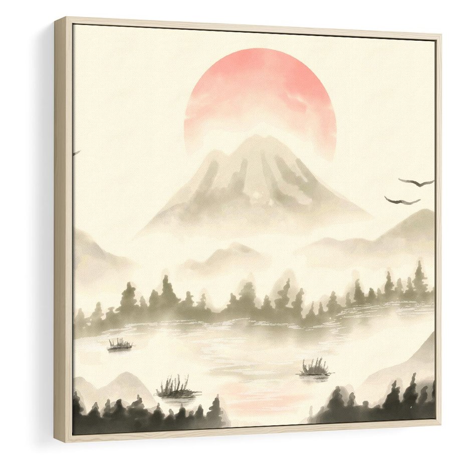 Obraz w ramie 50x50 - Przyroda Japonii - japońska akwarela, góry - rama drewno