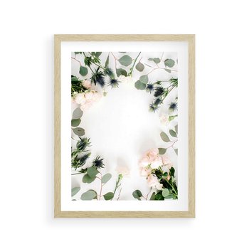 Plakat w ramie 40x50 - Róże i Zielone Liście - kompozycja kwiatowa, róże - rama drewno