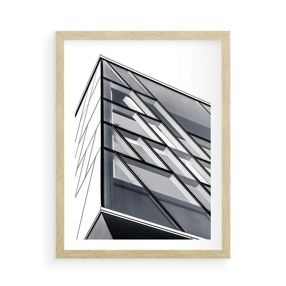 Plakat w ramie 50x70 - Architektura Przyszłości: Czarno-Białe Ujęcie - nowoczesna architektura, czarno białe zdjęcie - rama drewno