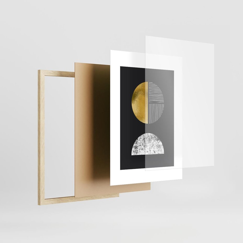 Plakat w ramie 50x70 - Złote Koła i Geometryczne Formy - grafika, modern - rama drewno