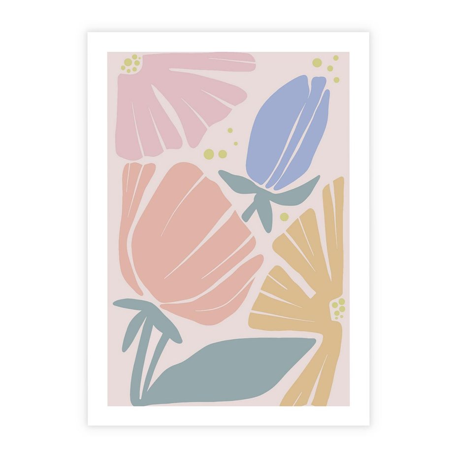 Plakat bez ramy 50x70 - Rozkwitające Harmonie Natury - pastelowe kwiaty, na beżowym tle