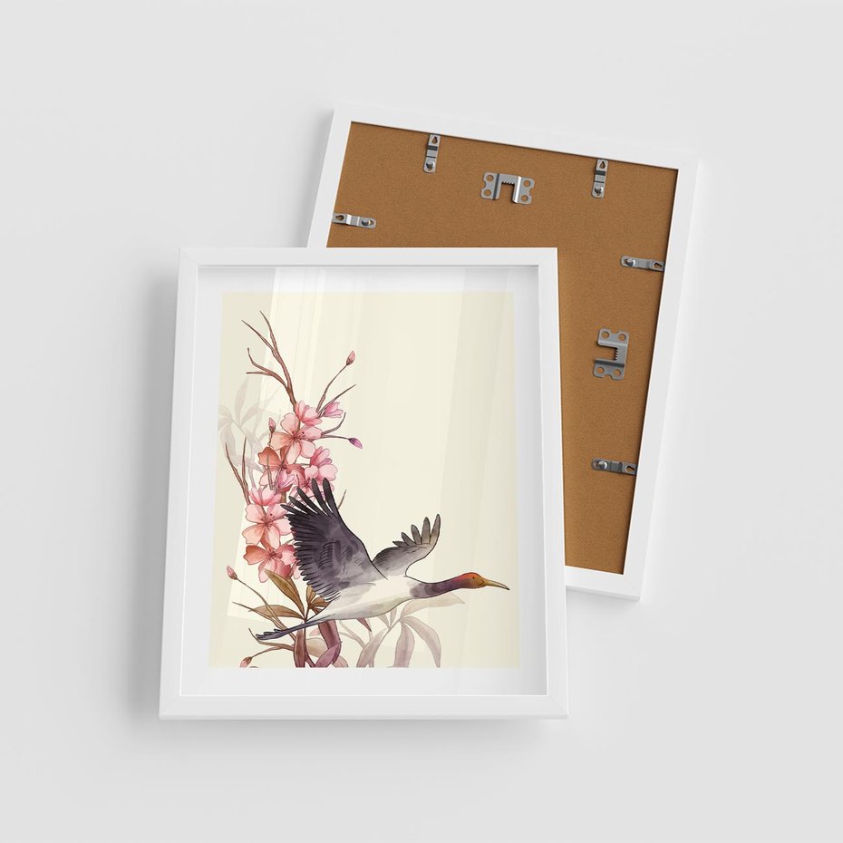 Plakat w ramie 40x50 - Szept Japonii - japońska sztuka, ptak - rama biała