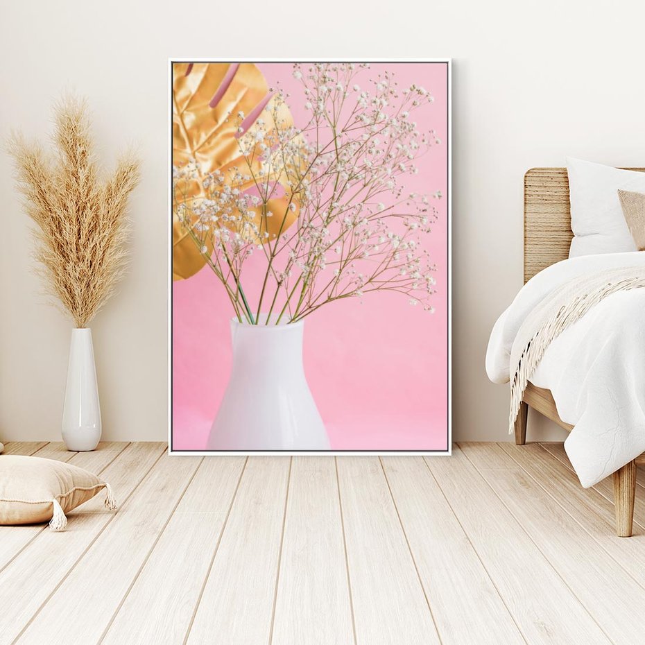 Obraz w ramie 70x100 - Przyjemność Złotej Natury - złote, liście - rama biała