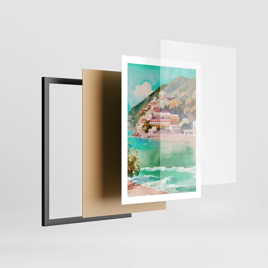 Plakat w ramie 50x70 - Na Zboczu - akwarela, nadmorski pejzaż - rama czarna